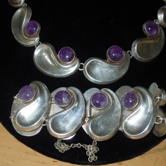 4 pc Antonio Pineda Taxco Silver 925 Comma Amethyst Necklace Bracelet Earrings - Picture 9 of 10